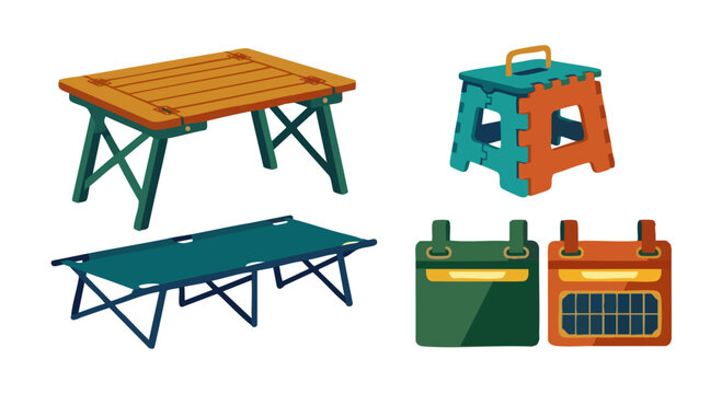 Camping tables, benches and folding cots vector icons set