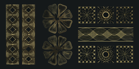 Golden geometric patterns and floral motifs on a dark background © Delip