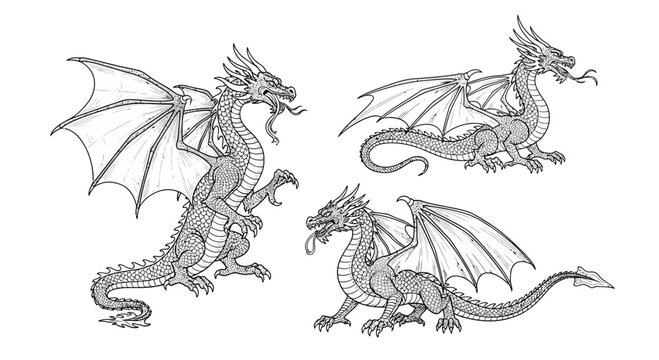 Collection of Three Mythical Dragons in Detailed Line Art Style