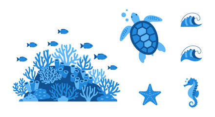 Blue sea turtle and ocean creatures. © LAILATUS