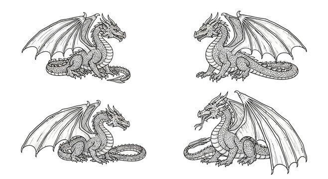 Set of four detailed black and white dragon illustrations, fantasy creatures, mythical beasts, ink drawings