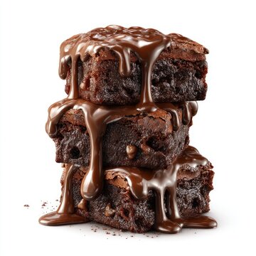 Stack of fudgy brownies, drenched in glossy, dark chocolate sauce, on a white background