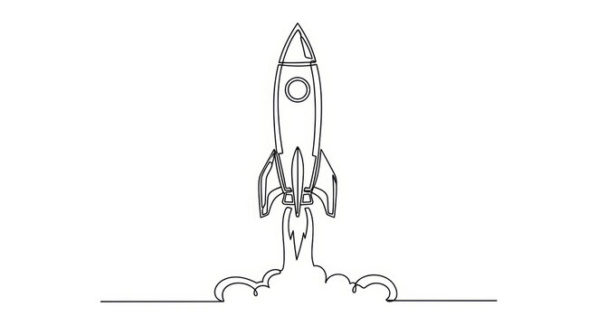 Single Line Drawing of a Rocket Launching into Space with Smoke Trails
