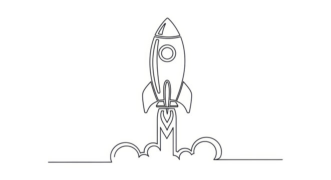 Single line drawing of a rocket launching with smoke and flames, symbolizing startup and innovation.
