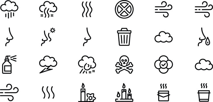 Smell, odor, aroma, sniff outline vector icons set. editable stroke. concept of sense of smell.