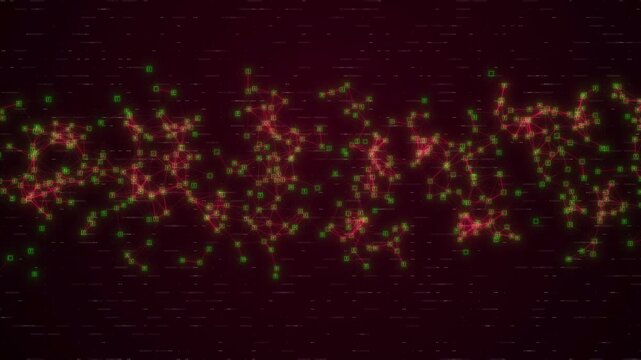 Abstract Digital Data Network Visualization Featuring Glowing Red Plexus Lines And Green Square Nodes With Binary Digits On A Dark Maroon Background. Futuristic Concept Of Artificial Intelligence, Cyb