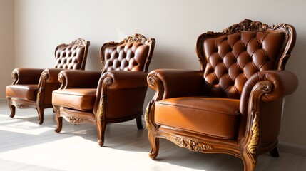 Vintage Leather Armchairs with Ornate Details in Row