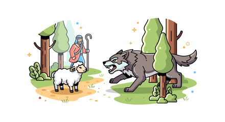Obraz premium A whimsical illustration depicting a shepherd, a sheep, and a wolf in a vibrant, cartoon style, perfect for storytelling