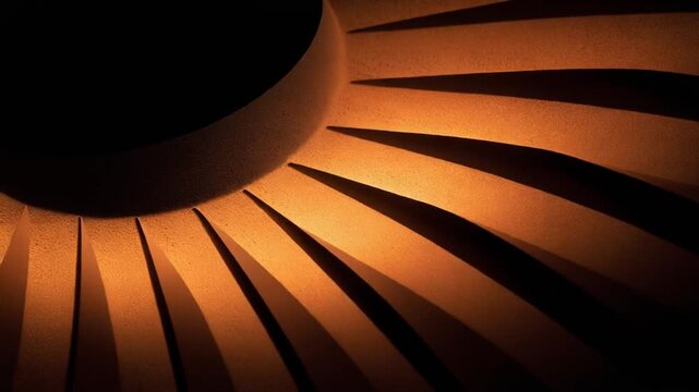 Abstract turbine blades illuminated in orange light against black background