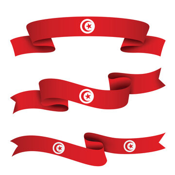 Tunisia Ribbon Flag Set, Tunisia National Flag Banner Collection with Wavy Ribbon Design