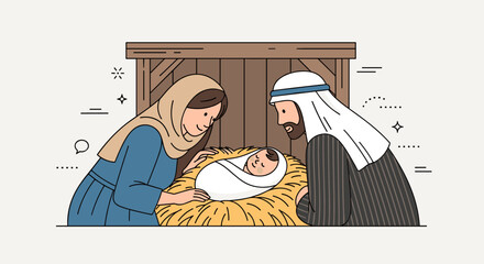 Obraz premium A minimalist illustration depicting a nativity scene with Mary, Joseph, and baby Jesus in a stable setting