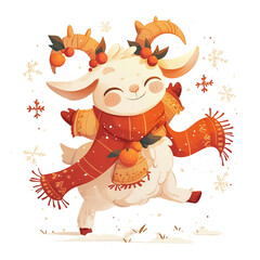 Fototapeta premium Happy goat wearing a red scarf and festive horns walks in the snow during winter