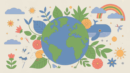 Fototapeta premium Whale shaped earth surrounded by lush greenery and vibrant flowers with rainbow and clouds in serene environment