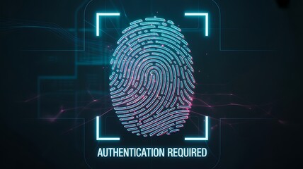  Digital fingerprint authentication technology with glowing biometric identity verification interface