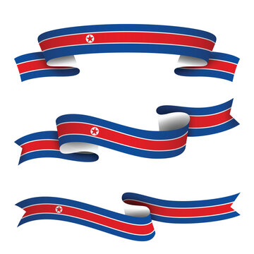 NORTH KOREA Ribbon Flag Set, NORTH KOREA National Flag Banner Collection with Wavy Ribbon Design