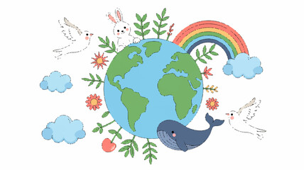 Fototapeta premium Cartoon globe surrounded by cute animals rainbow and flowers symbolizing harmony and global unity in a vibrant childlike illustration style
