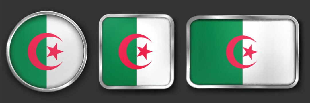 ALGERIA Metallic Flag Collection, Circular, Square and Rectangular ALGERIA Flag Badges Set