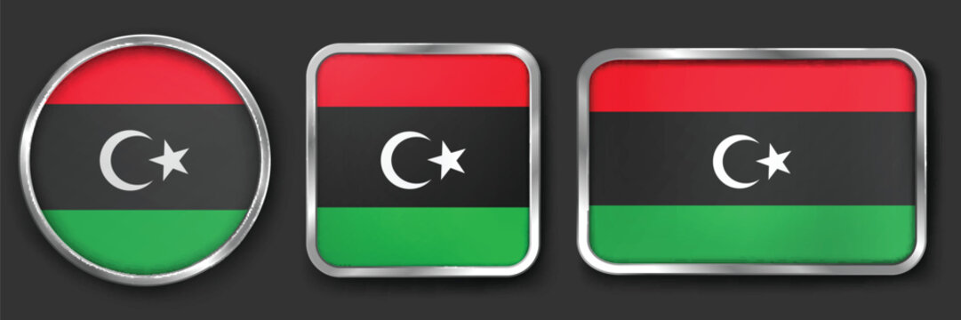 LIBYA Metallic Flag Collection, Circular, Square and Rectangular LIBYA Flag Badges Set