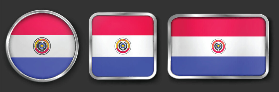 PARAGUAY Metallic Flag Collection, Circular, Square and Rectangular PARAGUAY Flag Badges Set