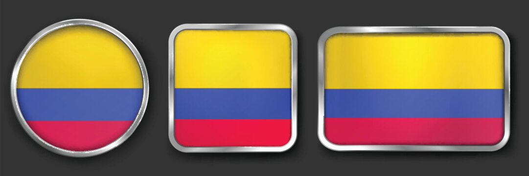 COLOMBIA Metallic Flag Collection, Circular, Square and Rectangular COLOMBIA Flag Badges Set
