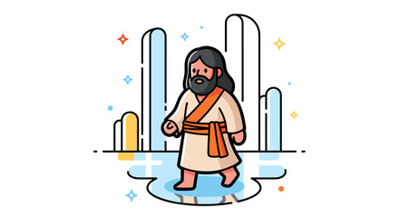 Fototapeta premium A stylized illustration of a figure standing in water, featuring a modern flat design with bright colors
