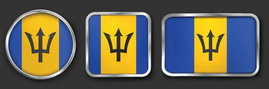 BARBADOS Metallic Flag Collection, Circular, Square and Rectangular BARBADOS Flag Badges Set