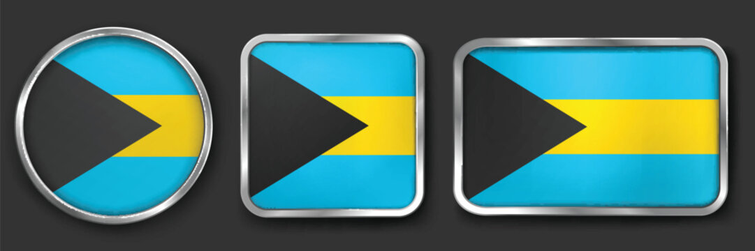 BAHAMAS Metallic Flag Collection, Circular, Square and Rectangular BAHAMAS Flag Badges Set