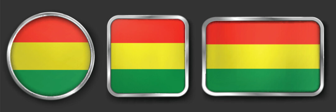BOLIVIA Metallic Flag Collection, Circular, Square and Rectangular BOLIVIA Flag Badges Set