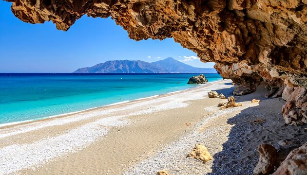 Turquoise sea laps a white pebble beach framed by a rocky cave with distant mountains under a bright blue sky