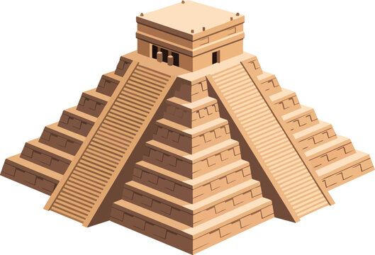 Detailed illustration of the ancient Mayan pyramid El Castillo at Chichen Itza, showcasing its stepped architecture and temple structure.