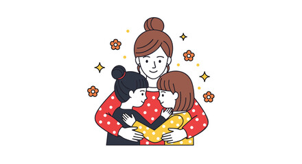 Fototapeta premium A warm illustration of a mother embracing her two children, featuring a colorful, flat design style