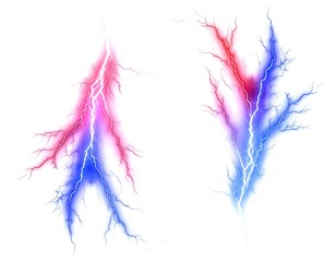 Fototapeta premium Two lightning strikes one pink fading to blue, the other red fading to blue, on a white background