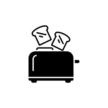 A minimalist depiction of a toaster ejecting two pieces of toast in black silhouette