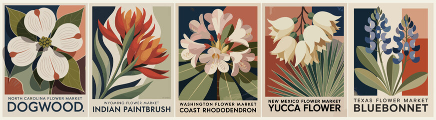Set of five vintage-style floral posters showcasing iconic American flowers with muted palettes, clean lines, and state-specific labels, evoking mid-century botanical art.