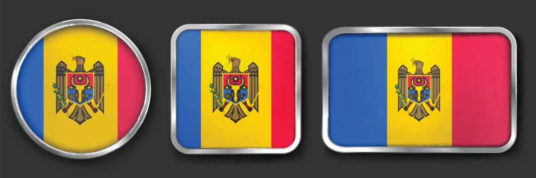 MOLDOVA Metallic Flag Collection, Circular, Square and Rectangular MOLDOVA Flag Badges Set