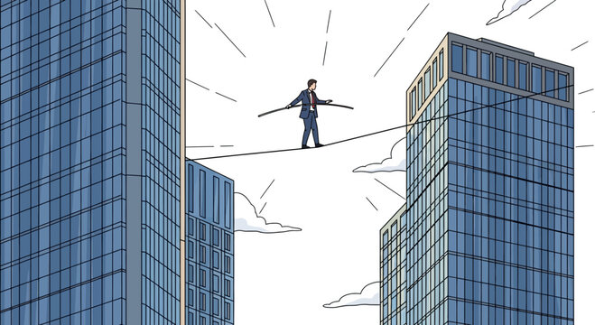 Man Balancing on Tightrope Between Skyscrapers.