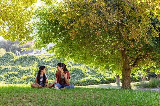 Mother gesturing and teaching daughter on lawn under tree, animated light highlighting education