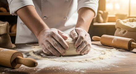 Fototapeta premium Flour covered baker hands kneading soft bread dough on wooden baking table