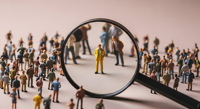Magnifying glass over crowd of people investigation