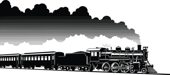 Steam locomotive silhouette, vintage train, passenger cars, railway icon, smoke plume, black illustration, transportation design, retro travel art, engine outline © Fenshi