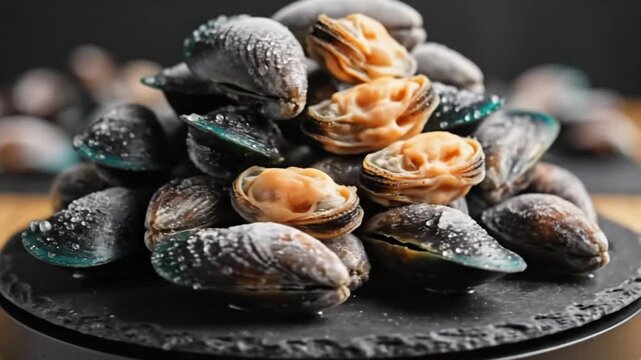 Rotating stack of fresh mussels, showcasing open shells and showing the edible orange insides on a black slate surface.