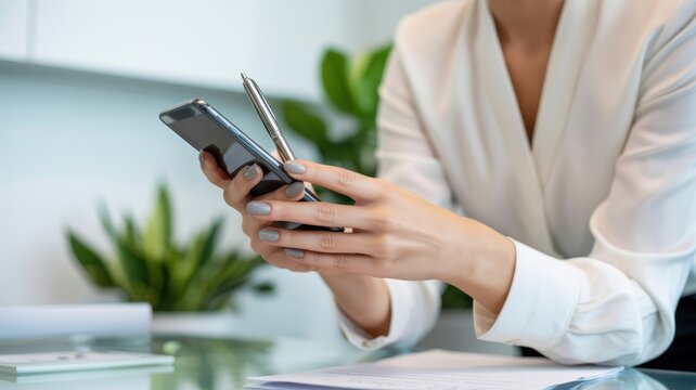 Hands holding a smartphone and a pen, with a desk and plant in the background, symbolizing productivity and modern communication