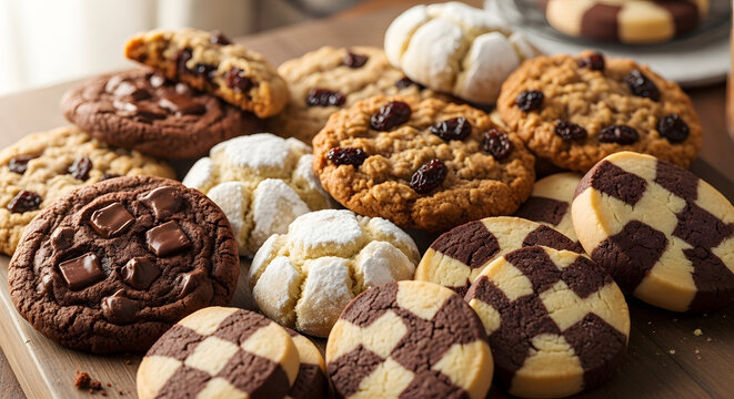 Assortment of delicious homemade cookies including chocolate chip checkerboard and powdered sugar varieties perfect for baking food photography and dessert concepts