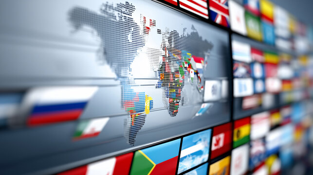 IPTV concept with multiple international channels on a digital map