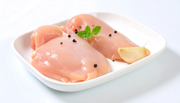 Two raw chicken breasts sit on a white square plate, seasoned with garlic, peppercorns, and mint