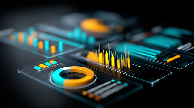 Abstract technology background featuring a floating translucent analytics dashboard, layered bar charts, pie segments, and line graphs rendered in vivid electric blue, teal, and am