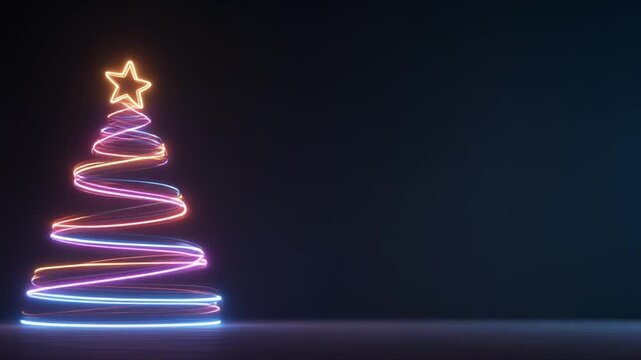 Abstract neon christmas tree on dark background with copy space