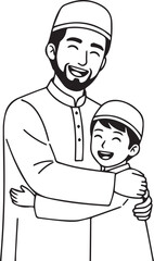 Smiling Muslim Father and Young Son Embracing for Holiday Greeting