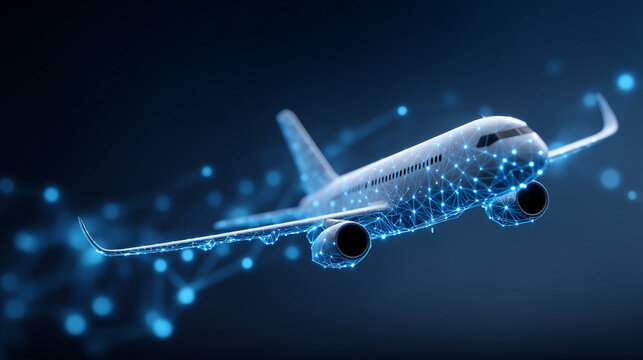 Digital rendering of airplane made of blue lights, flying through network of connected points, technological aviation concept, data connectivity, defocused digital space, with copy