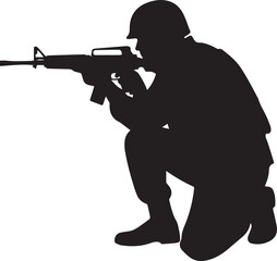 Fototapeta premium Vector silhouette illustration of soldier aiming rifle, line art crouching pose